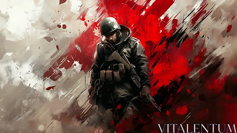 Soldier painted against violent red battlefield backdrop.