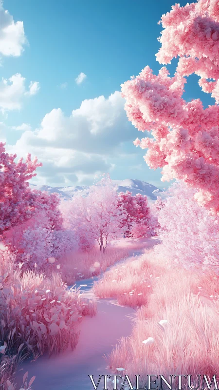Chromatically inverted pink meadow under volumetric skyfield.