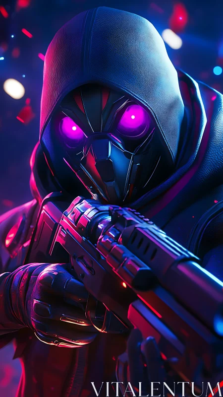 Hooded armored figure with rifle holds weapon in neon light