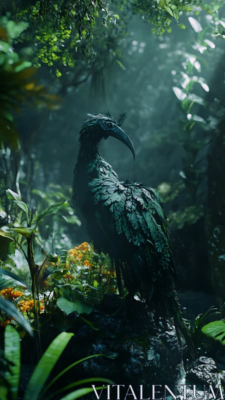 Photorealistic leaf-plumage rainforest bird on wet mossy rock