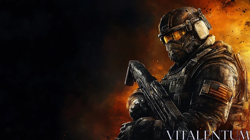 Tactical infantry operator in high-contrast explosive backlight.