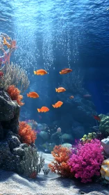 Vibrant reefscape with shimmering orange fish in sunrays.