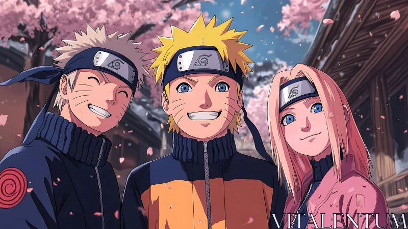 Smiling ninja friends under soft falling cherry blossoms.