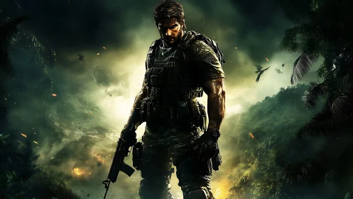 Battle-hardened soldier stands in a fiery jungle warzone