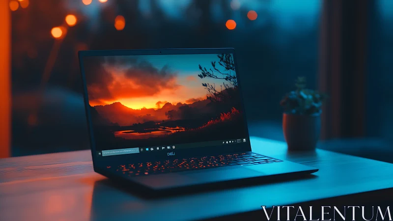 Sleek laptop on desk with vivid sunset screen glow.