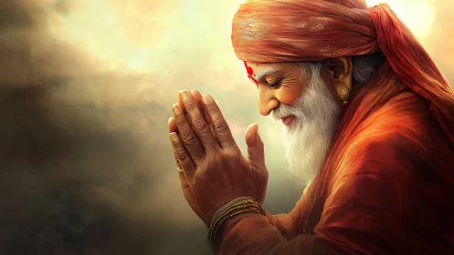 Elderly sage bows in serene prayer under glowing light sky