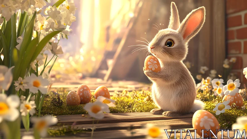 Adorable spring bunny cradles painted Easter egg gently.