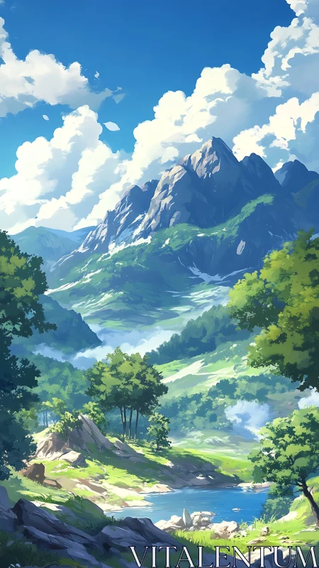 Bright mountain valley with river under clear blue sky.