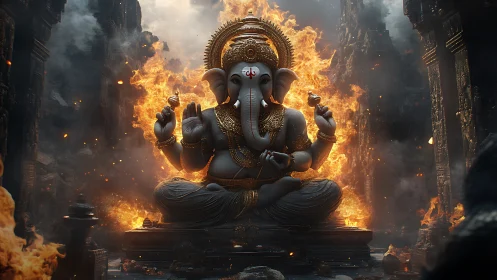 Ganesh statue in ruined stone temple surrounded by flames.