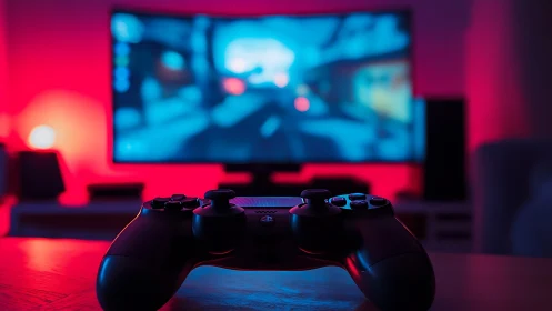 Game controller on desk before screen with neon lighting.
