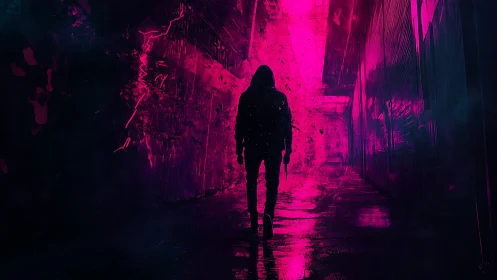 Neon-shadowed wanderer strides through electric magenta alley.