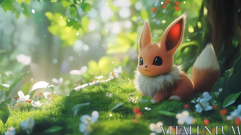 Eevee rests in a sunlit forest glade filled with flowers.