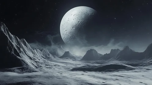 Frozen alien moon landscape under massive cratered planet.