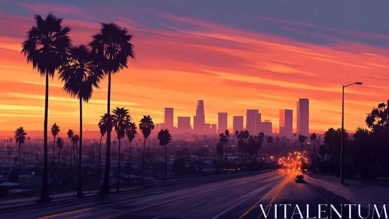 Sunset city skyline with palm-lined boulevard and lights.