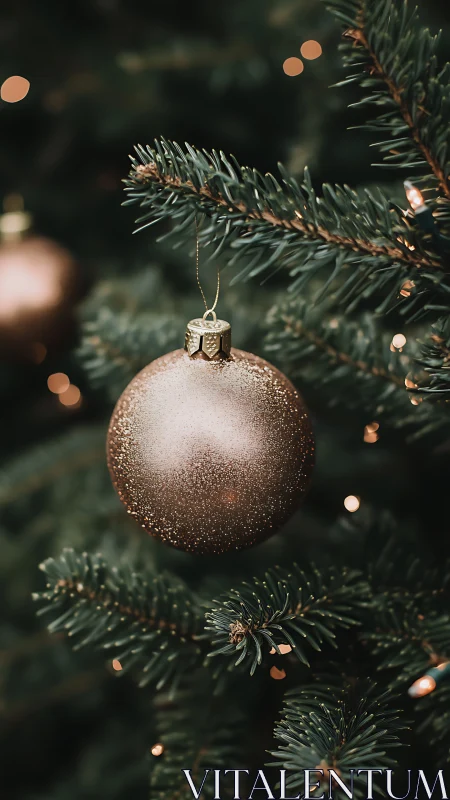 Gold bauble hanging on evergreen branch with soft lights.