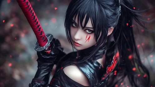 Midnight katana heroine framed in swirling crimson sparks.