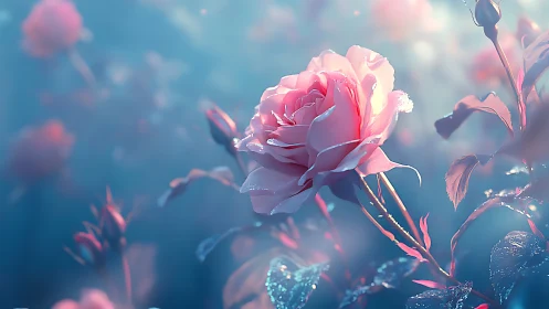 Diffuse-focus botanical study displaying pink rose bloom with depth-of-field rendering against turqu