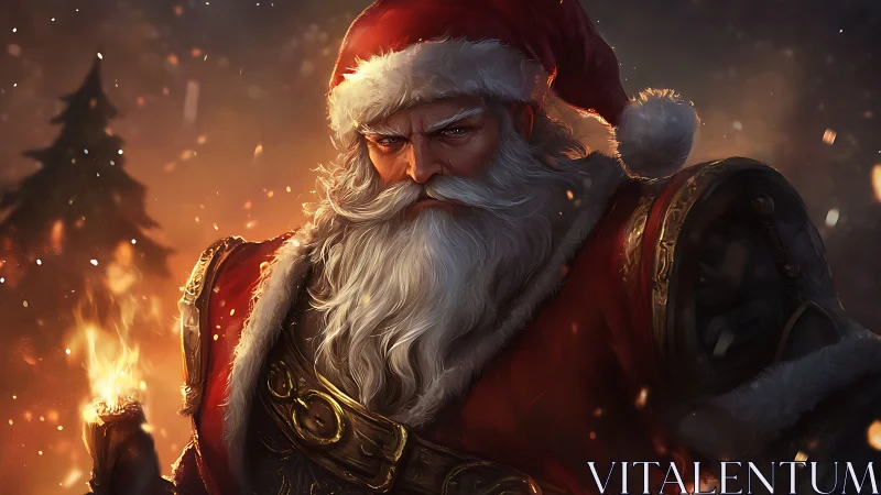 Battle-hardened Santa Claus in fiery winter scene.