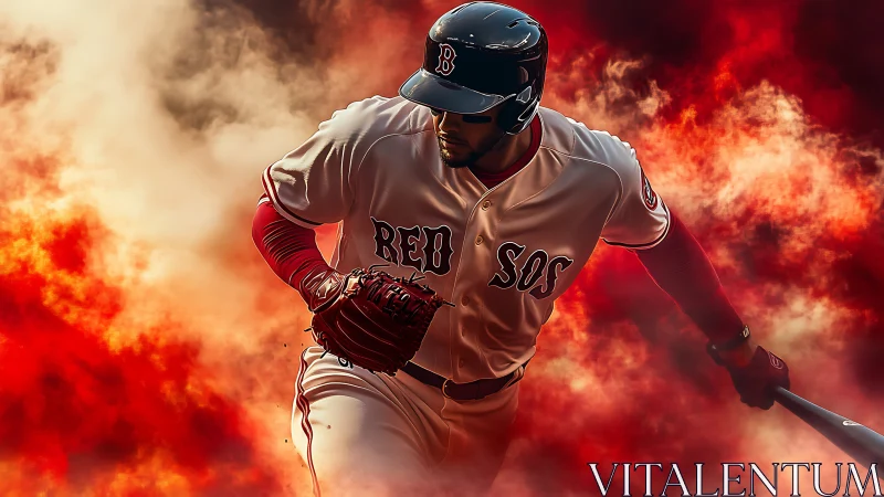 Dynamic baseball runner in inferno-toned atmospheric motion graphics.