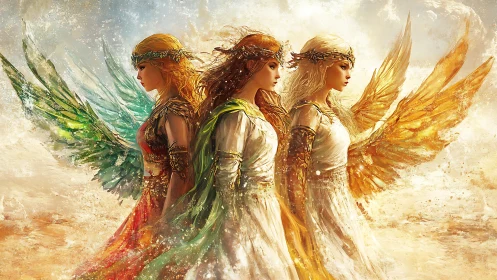 Triad of radiant elemental angels in luminous flight line.