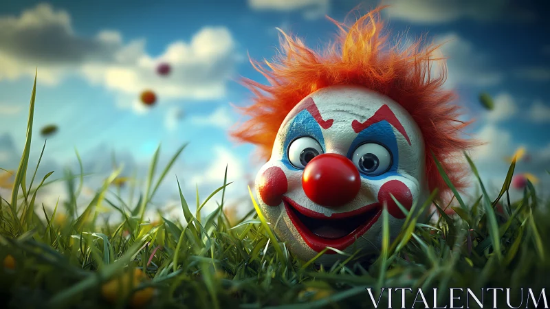 Clown-faced toy head in grass under partly cloudy sky.