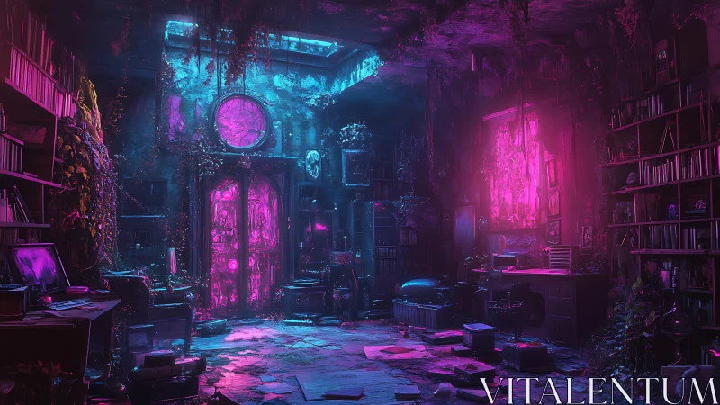 Neon-drenched arcane library bathed in eerie magenta glow.