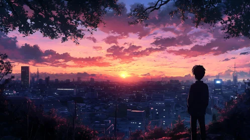 Silhouetted boy watches neon city under vivid sunset sky