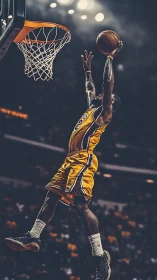 Basketball player executing right-handed dunk in arena.
