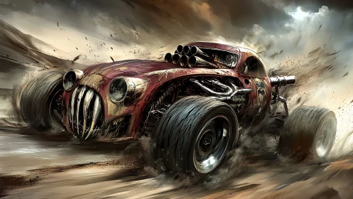 Post-apocalyptic turbocharged war car tears through desert dust