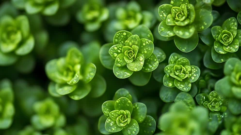 Morning dew on clustered green succulents in macro focus.