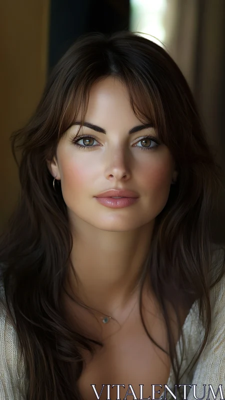 Photorealistic vertical portrait of woman in soft window light