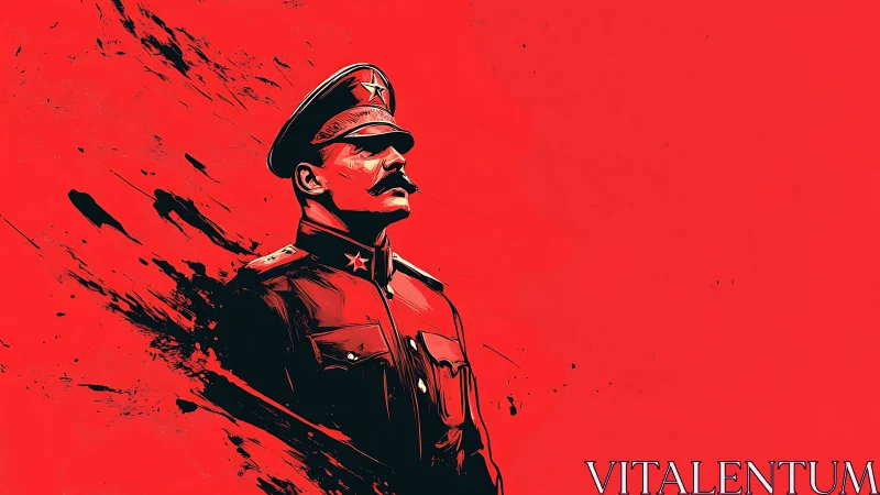 Soviet officer portrait dominates bold red propaganda field.