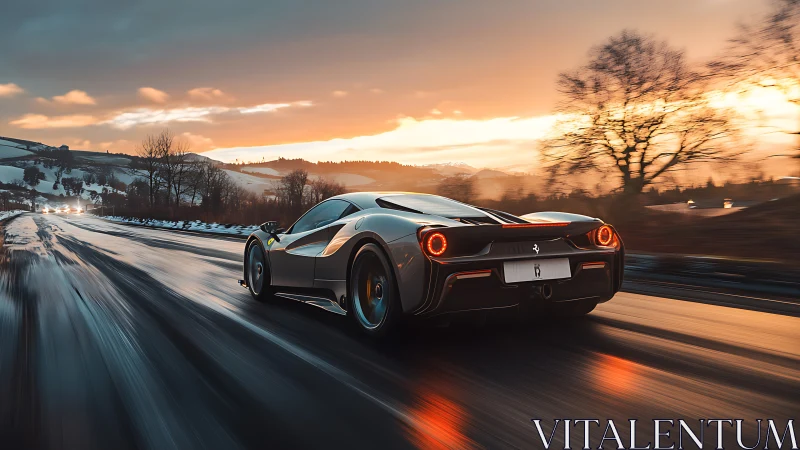 Sports car travels on wet rural road at winter sunset