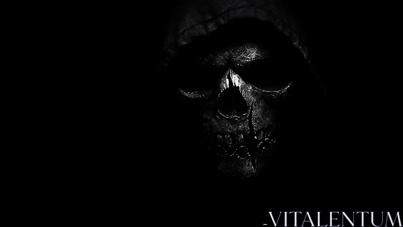 Shrouded metal skull emerging from deep black void.