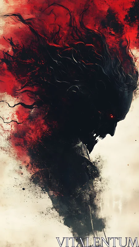 Abstract demonic silhouette dissolves into red and black smoke