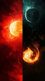 Split cosmic artwork showing fiery and shadowed planets.