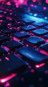 Neon backlit keyboard keys rendered with shallow depth and bokeh