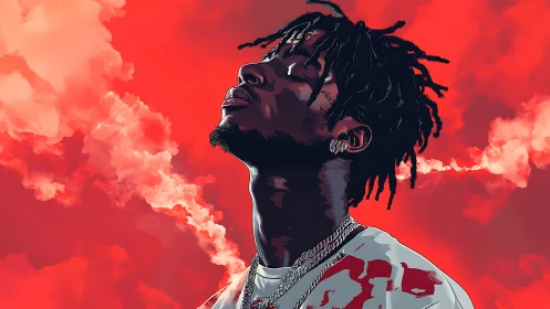 High-contrast vector portrait isolates subject against saturated red sky