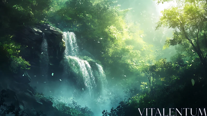 Luminous Waterfall Cascading Through Misty Forest Canopy