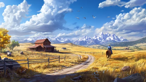 Rider follows dirt road past farm toward distant snowy peaks