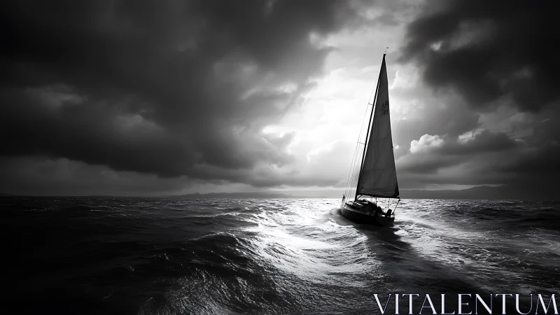 Storm-driven sailboat cutting through monochrome ocean swells.