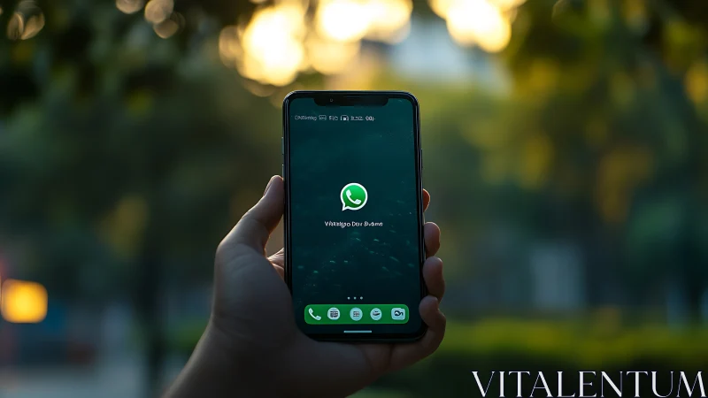 Evening hand gently raises a phone with WhatsApp ready to chat