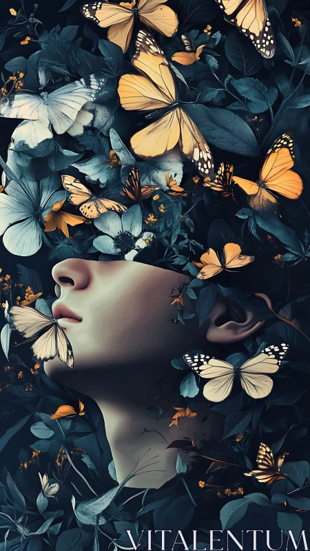Human face emerges among butterflies and overlapping foliage
