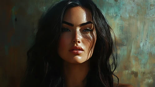 Sunlit brunette portrait with textured abstract backdrop.