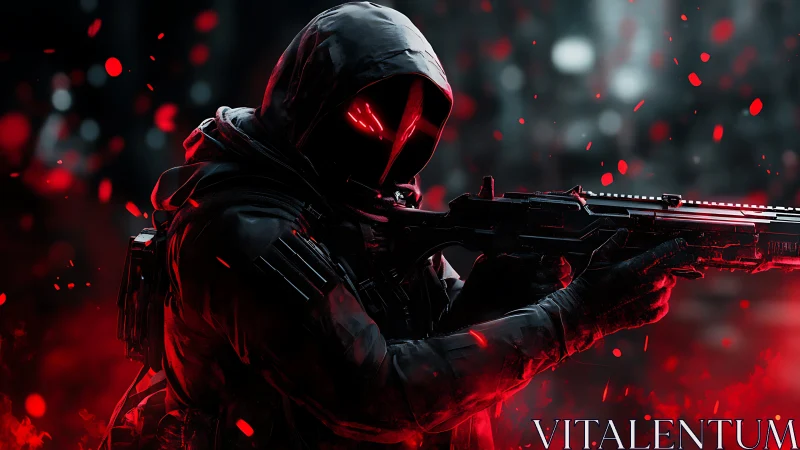 Hooded armed figure holds rifle amid red digital particles