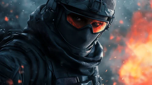 Fierce tactical soldier stands steady against rising flames