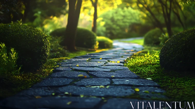 Sunlit Stone Pathway Wandering Through Whispering Greenery.