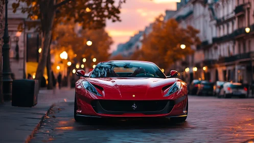 Red supercar glows against romantic city street sunset scene.