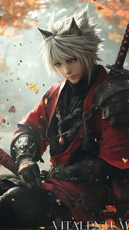 Fox-eared ronin studies drifting leaves between quiet battles