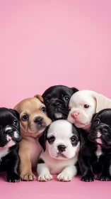 Clustered bulldog puppies pose against uniform pink backdrop